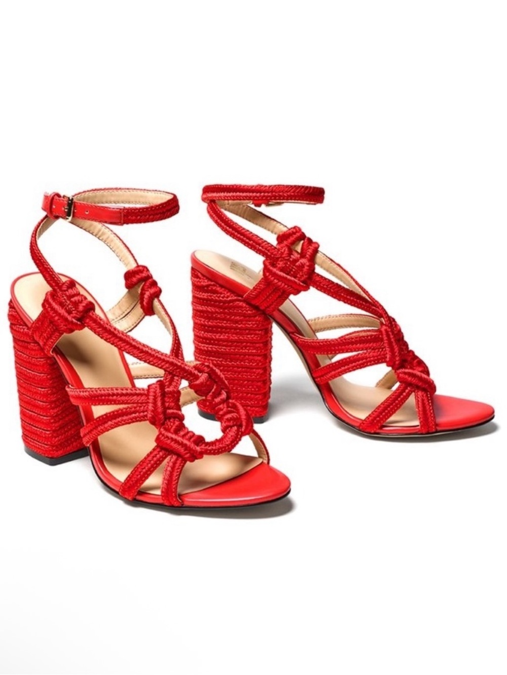 CAbi • Tiptoe Sandals rope braided heel chunky block Hibiscus Red coral Size 7